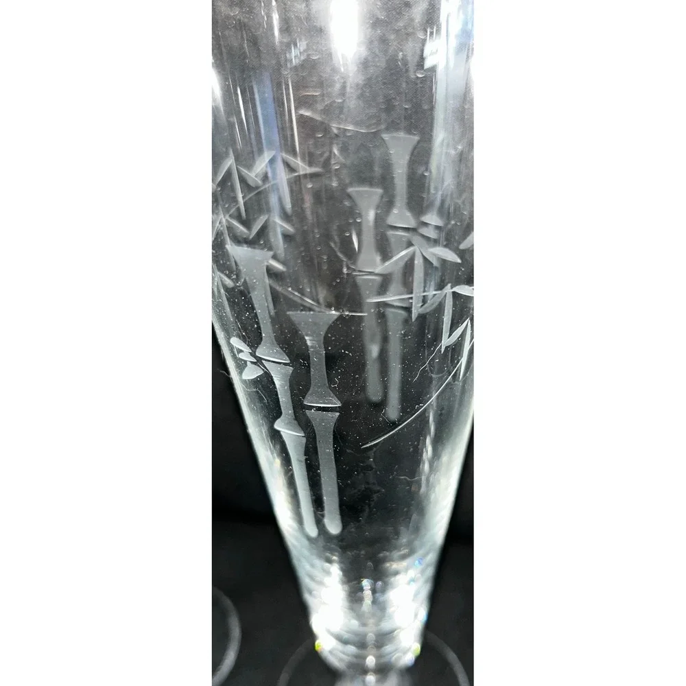 Set of 6 Vintage Bamboo Etched Footed‎ Glasses Champagne Flutes Tall Pilsner MCM